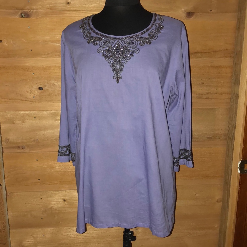 Vicki Wayne 100% cotton beaded tunic top lilac purple size Large